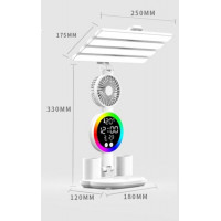LED 4-HEAD RECHARGEABLE DESK LAMP WITH FAN/CLOCK