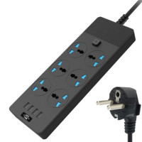 EU PLUG T12 3000W 2M 4-USB 6 SOCKETS WITH SWITCH